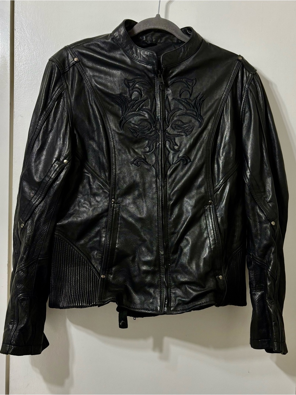 Black Leather Zip-Front Women's Jacket with Embroidered Front